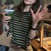 Korean Early Autumn Fashion Long Sleeve Tee Spring Fall Versatile Women Green Stripe Color Block Patch Top