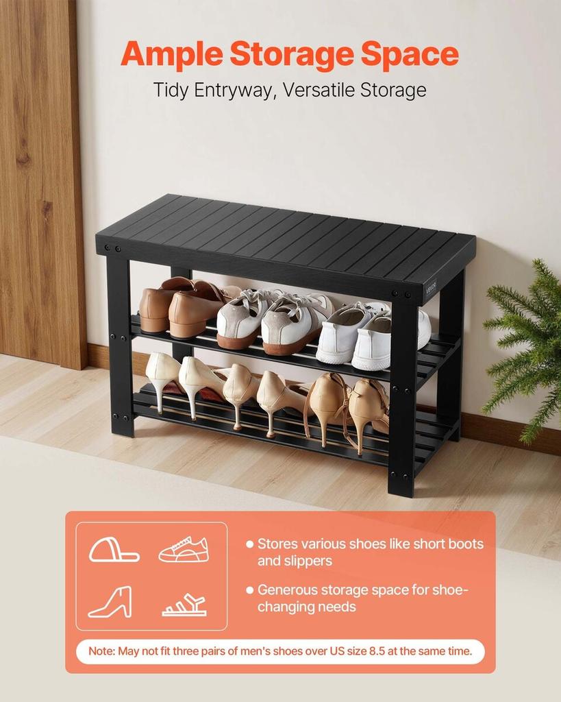 Shoe Rack Bench, 3-Tier Bamboo Entryway Bench, Shoe Storage Organizer Holds Up to 286 lbs, 703 x 288 x 451 mm, for Front Door, Hallway, Living Room,