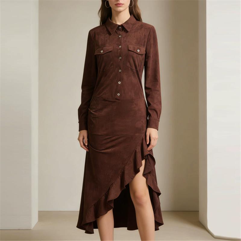 Spring Summer Women Long Sleeve Ruffle Asymmetrical Dress Slim Fitted Elegant Maxi Long Dress
