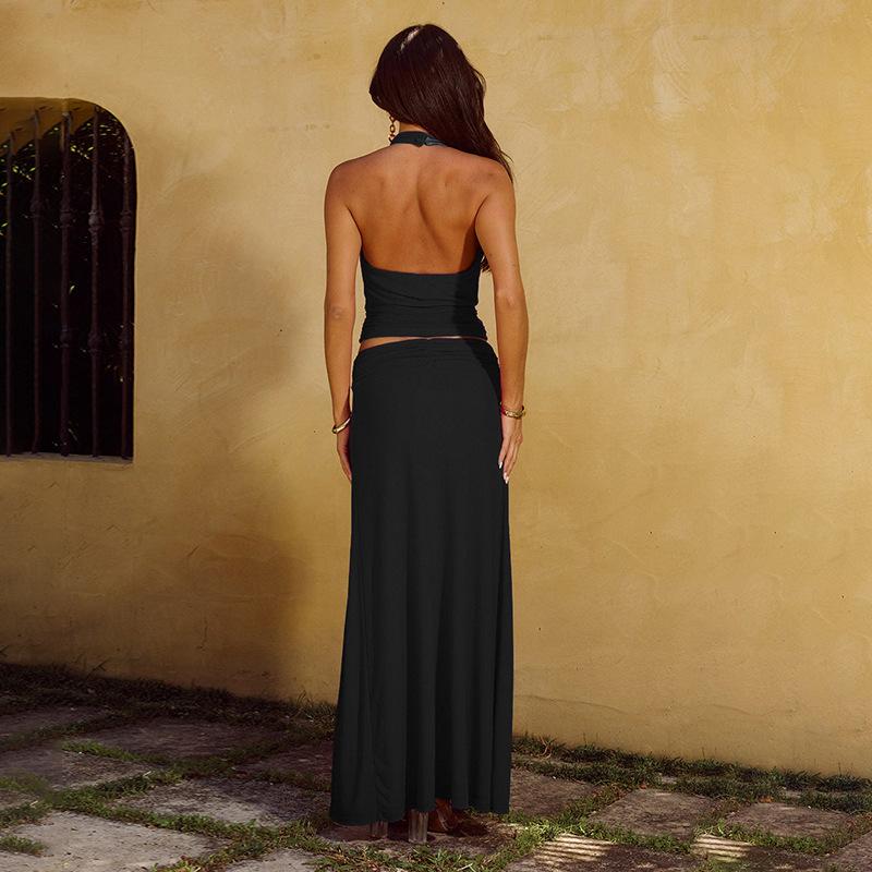 Women's Metal Flower Halter Neck Sexy Halter Top Temperament Low Waist Fold High Split Skirt Two Piece Suit
