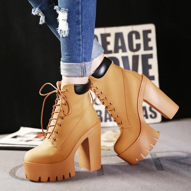 Fashion Women's Chunky Heeled Short Boots Round Toe Lace Up High Heels Solid Color Waterproof Platform Motorcycle Boots for Women