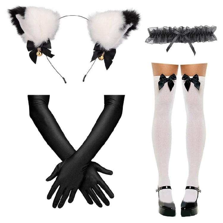 Catgirl Dress Up Cosplay Set With Cats Ear Headband Lace Collar Necklace Gloves and Sock for Women Girls Cosplay Party