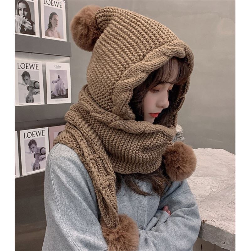 Wool hat women's autumn and winter versatile scarf integrated hat cute hairball ear protector thickened warm knitted hat