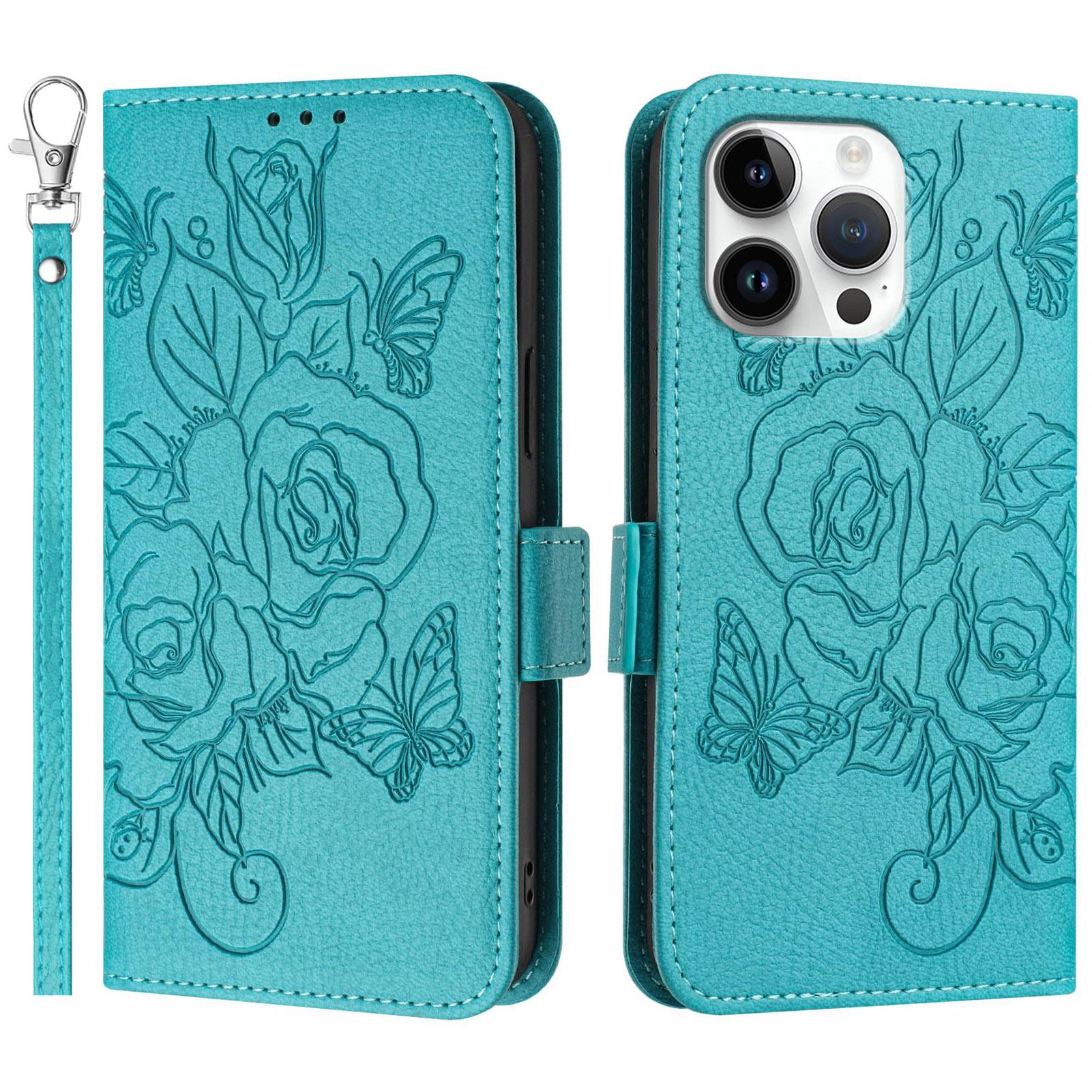 

For iPhone 16 Pro Case Rose Imprinted RFID Blocking Leather Phone Cover with Strap Baby Blue