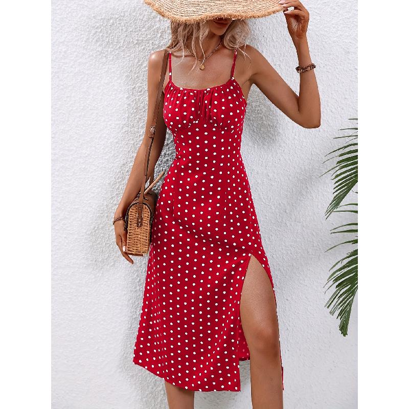 2026 Summer New Style Women's Floral Print Slit Camisole Dress Polka Dot Casual Long Dress