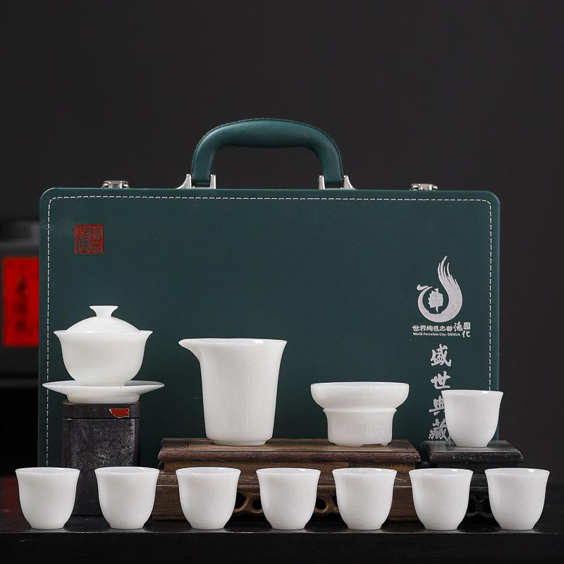 Pu Jade Porcelain Tea Set, Cover Bowl, Tea Cup for Home Use, High-end Gifts for Customers, Business Company Gifts