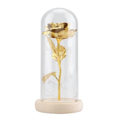 Preserved Rose Flower LED Light with Glass Cover & Wooden Base Valentines Day Wedding Gift