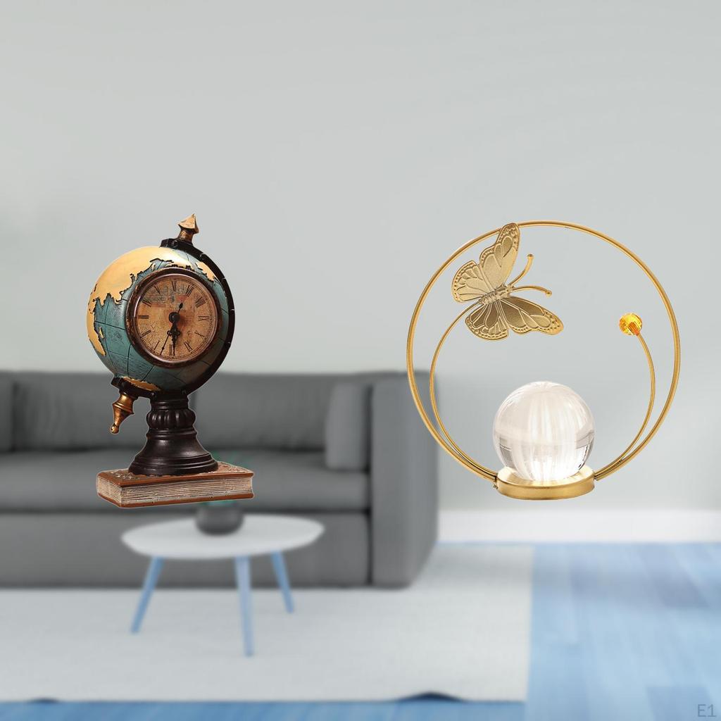 Modern Crystal Globe Figurine Table Clock Sculpture Metal Art Craft Ornament for Desk Shelf Office