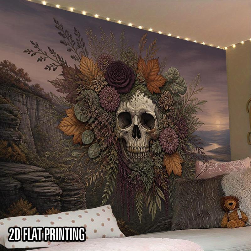 2D Flat, 2D Flat Print 1pc Tapestry Skull Wreath Landscape Tapestry, Nature Mystic Art Decor Tapestry for Living Room Bedroom Apartment Decor, Boho Co