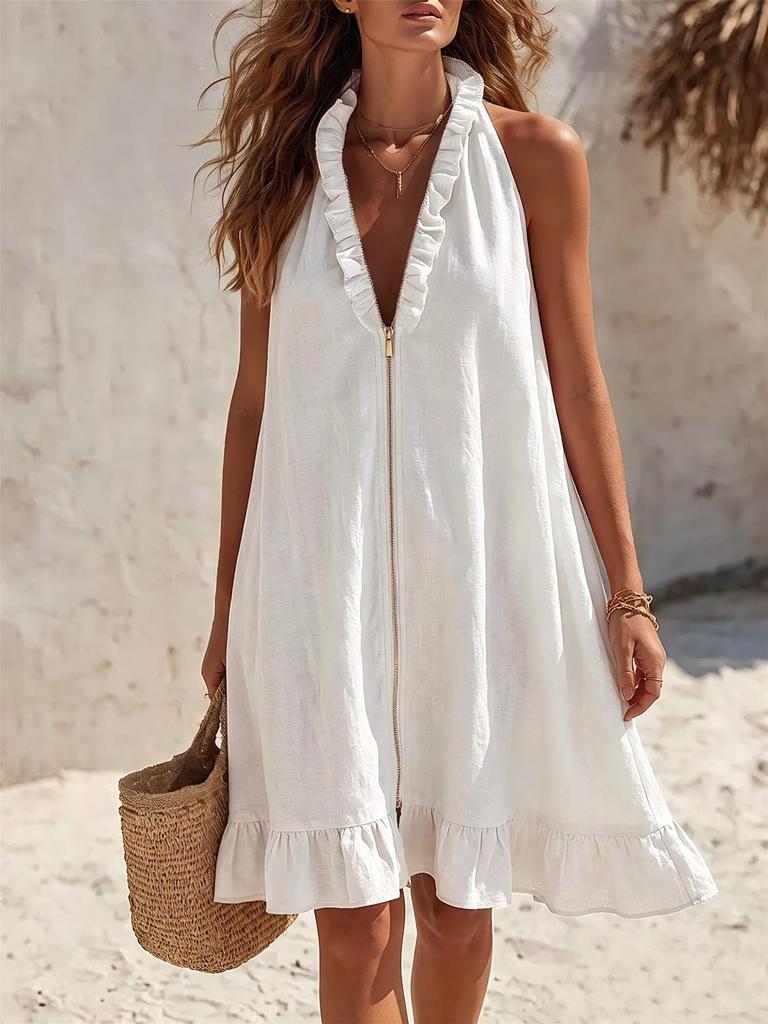 European and American style neck V-neck dress, front zipper ruffle edge loose and thin skirt