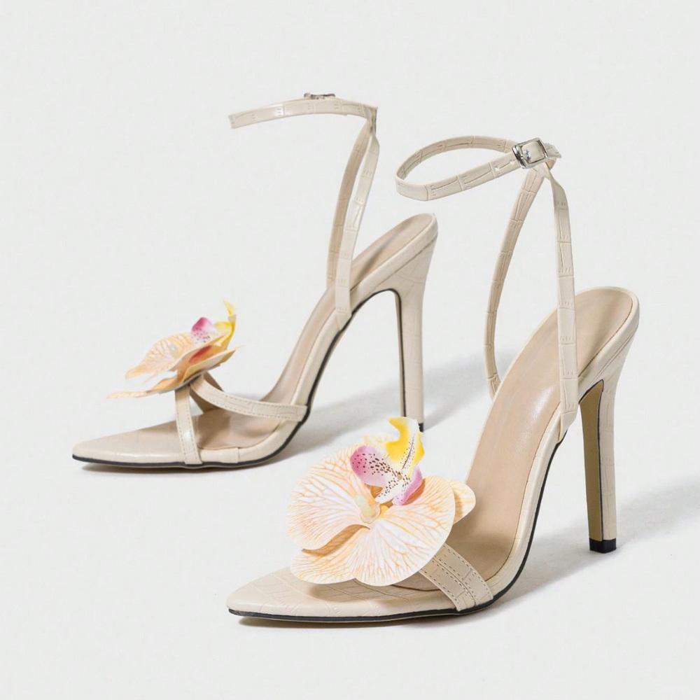 Fashion FHC New Women High Heeled Sandals,Flower Summer Shoes Slippers,Ankle Buckle Strap,Open Pointed Toe,35-43,Apricot,Dropship