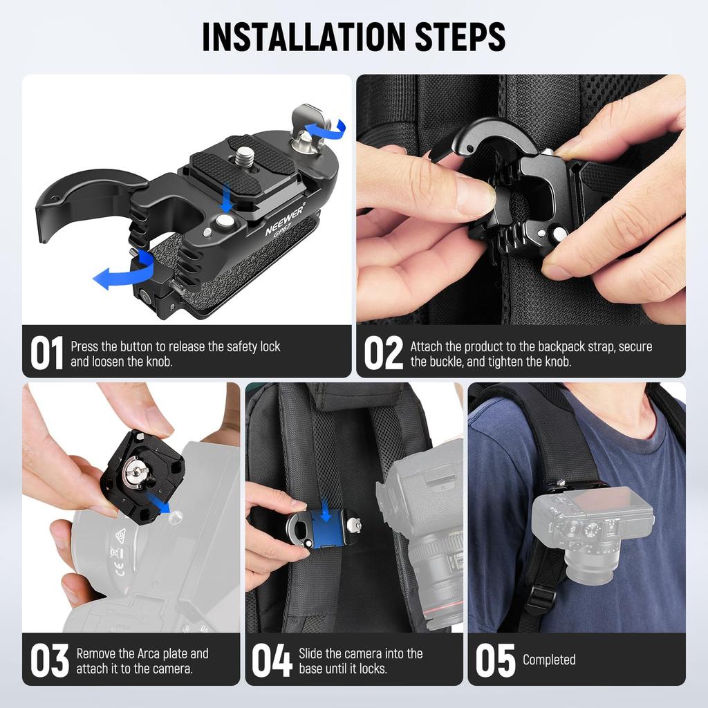 NEEWER GP67 Backpack Camera Clip Mount Square QR Quick Release Belt Strap Clamp Compatible Peak Design PD System DSLR Black