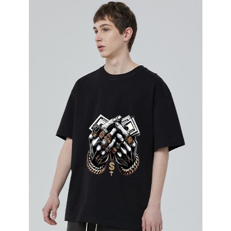 Black T-Shirt with Money and Chain Hands Print for Streetwear Fashion