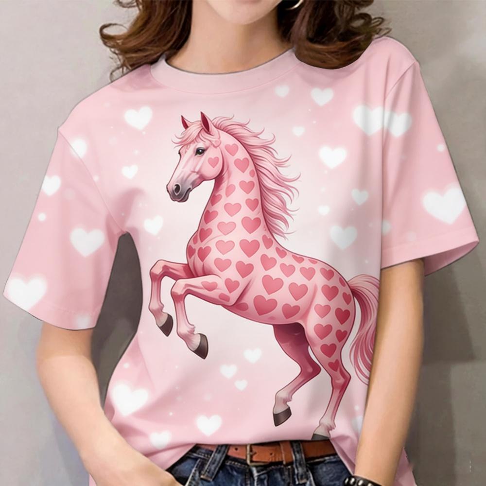 Pferde-Muster T-Shirts Floral 3D-Druck Damen Freizeit O-Ausschnitt Kurzarm T-Shirt Harajuku Lässige T-Shirts Y2k Tops Damenbekleidung