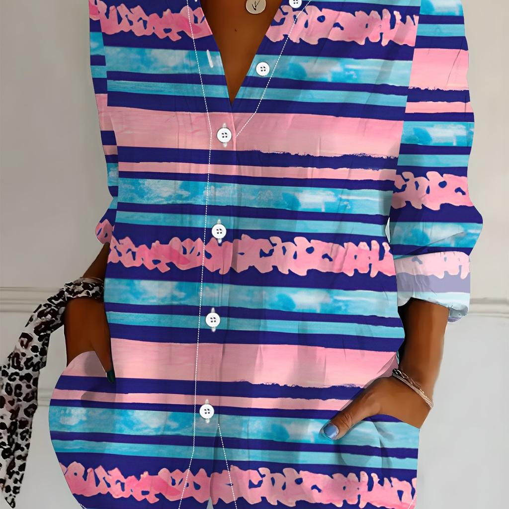 Plus size women's long-sleeved shirt striped style loose printed shirt blue and pink contrast mid-length long-sleeved lapel shirt for women