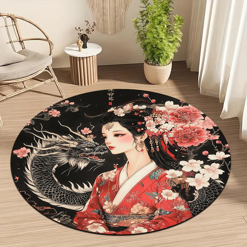 Dragon and Lady Style Flannel-printed round floor mats are slip-resistant Suitable living room bedroom terrace garden carpets