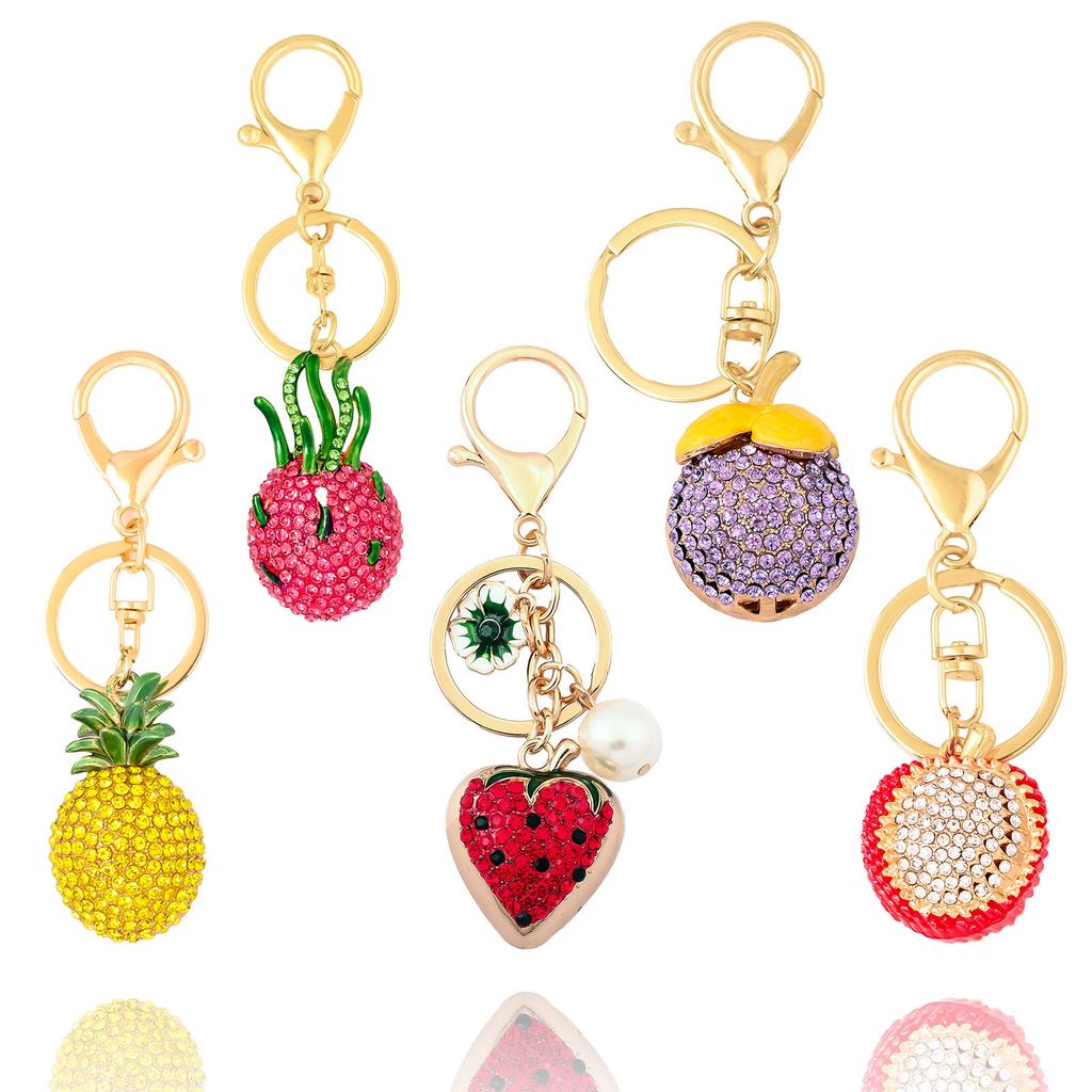 Exquisito Llavero de Fruta 3D Delicioso con Pedrería Pitahaya lichi Fresa Piña Colgantes para Llavero Joyería para Mochila de Mujer Regalo
