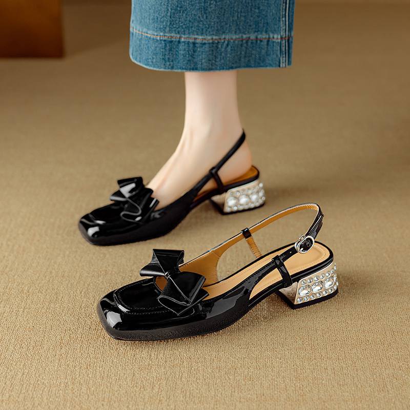 Krazing Pot Sheepskin Cow Skin Summer Size 40 Med Heels Butterfly-knot Decoration Square Toe Slingback Wedding Pumps