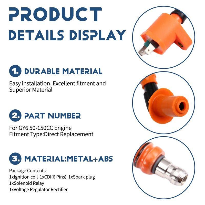 Scooter Motorcycle Ignition Coil Spark Plug 6 Pin CDI Solenoid Relay Voltage Regulator Rectifier For GY6 50-150CC Engines