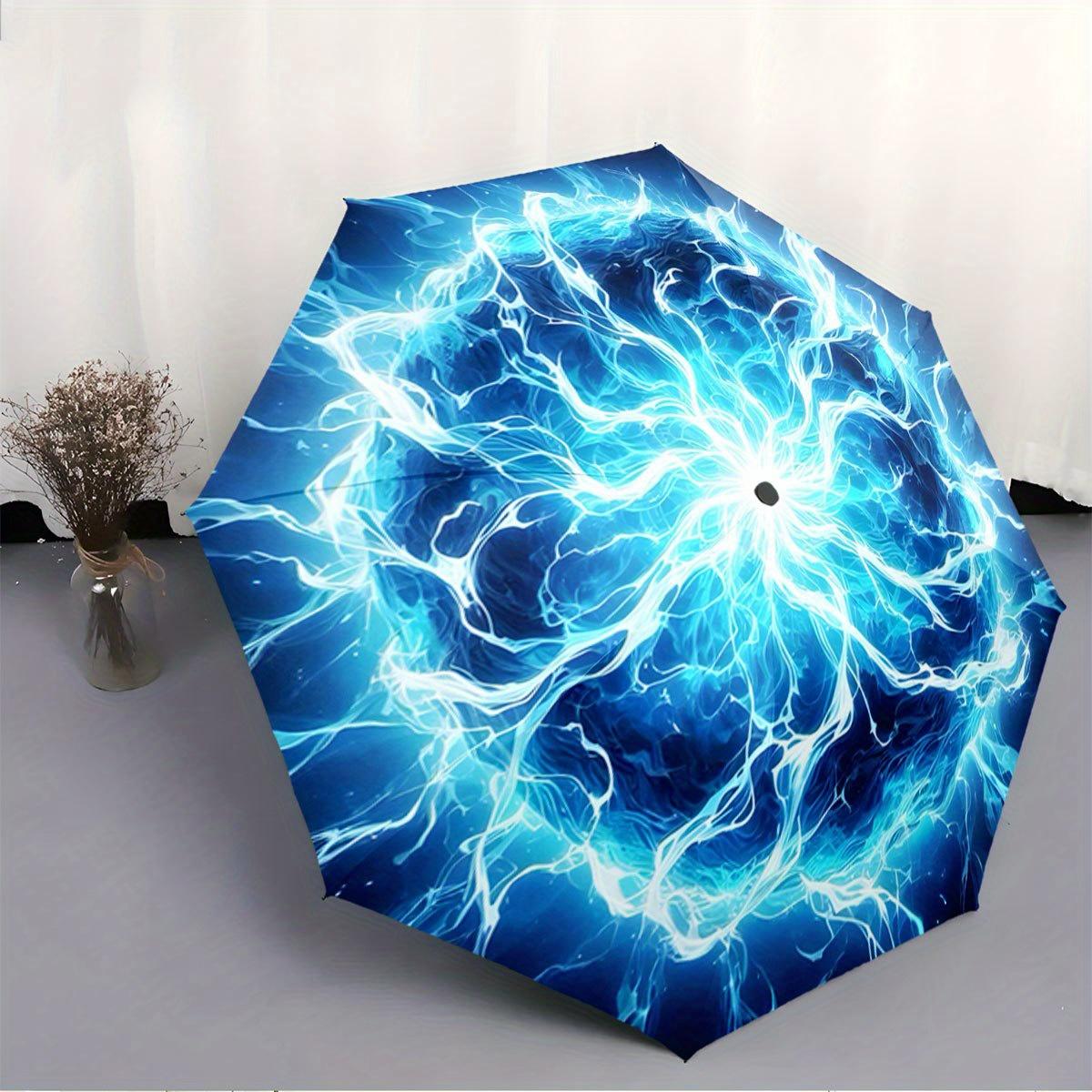 

Folding umbrella Electric energy storm pattern, glowing blue and white lightning on a dark swirling background. Creative porta (as the picture,Iron&8K)