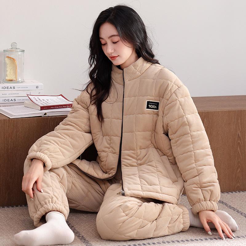 [Super thick] Three-layer padded couple pajamas women's winter thickened and velvet suit warm men's padded jacket loungewear