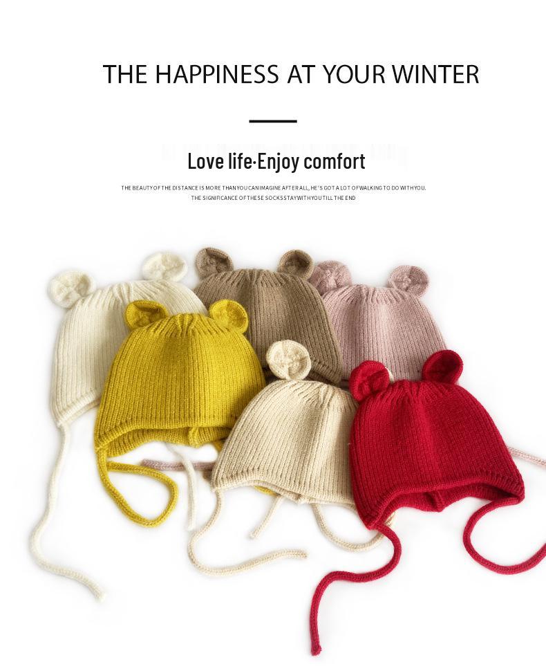 Children's Cute Knit Hat with Round Ears - Autumn/Winter Wool Hat with Drawstring and Ear Protection for Boys and Girls
