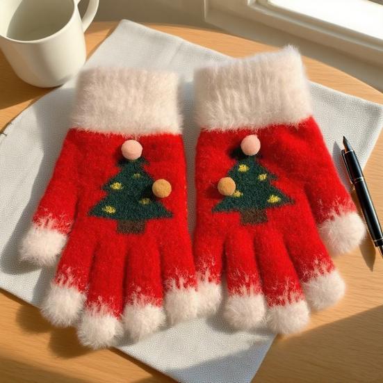 Knitted Christmas Gloves Unisex Christmas Tree Pattern Gloves Winter Touch Screen Fuzzy Gloves