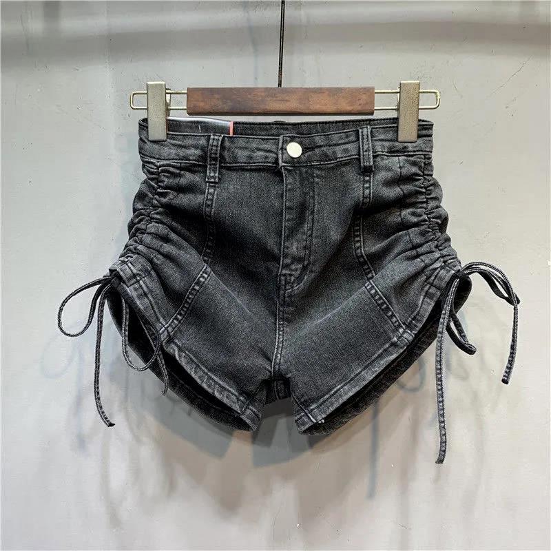 Rahat Skinny Moda ve Çok Yönlü Tasarım Anlayışı Denim Şort Kadın Yaz Yüksek Bel Lastikli Slim Düz İpli A Kesim Pantolon