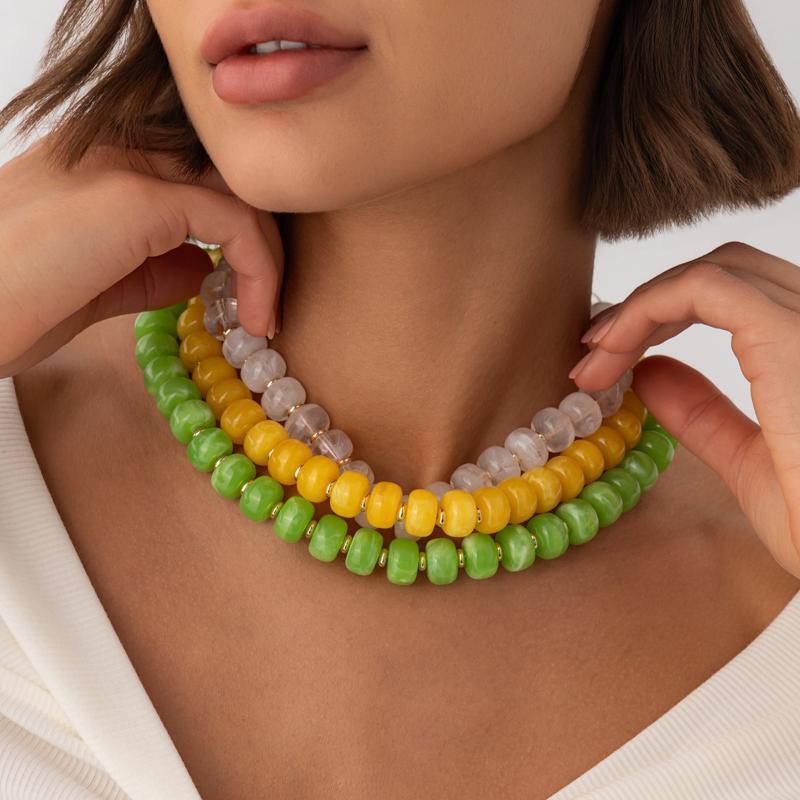 Trendy Y2K Aesthetic Smudge Resin Bead Chain Necklace Lightweight for Women Summer Beach Wear Jewelry Gift