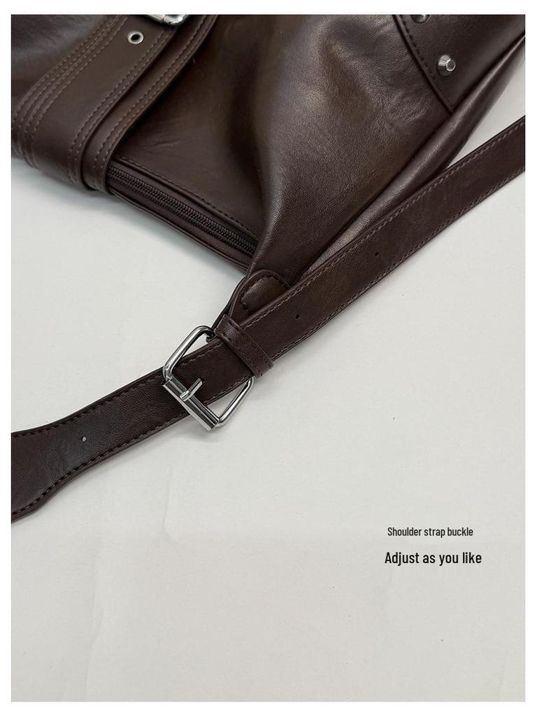 Women's Cross-Border Retro Motorcycle Bag with Rivet Decor & Belt Buckle - Stylish Single Shoulder Underarm Handbag