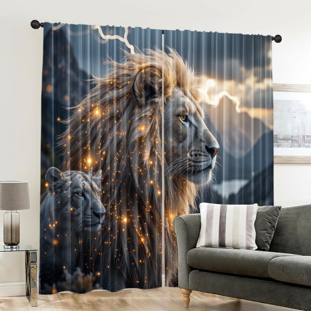 Set Of 2 Spring Summer Curtains Lion Versatile Polyester Festive Ldeal Bedroom Living Room Study Office Sheer Made Sitting Window Treatment