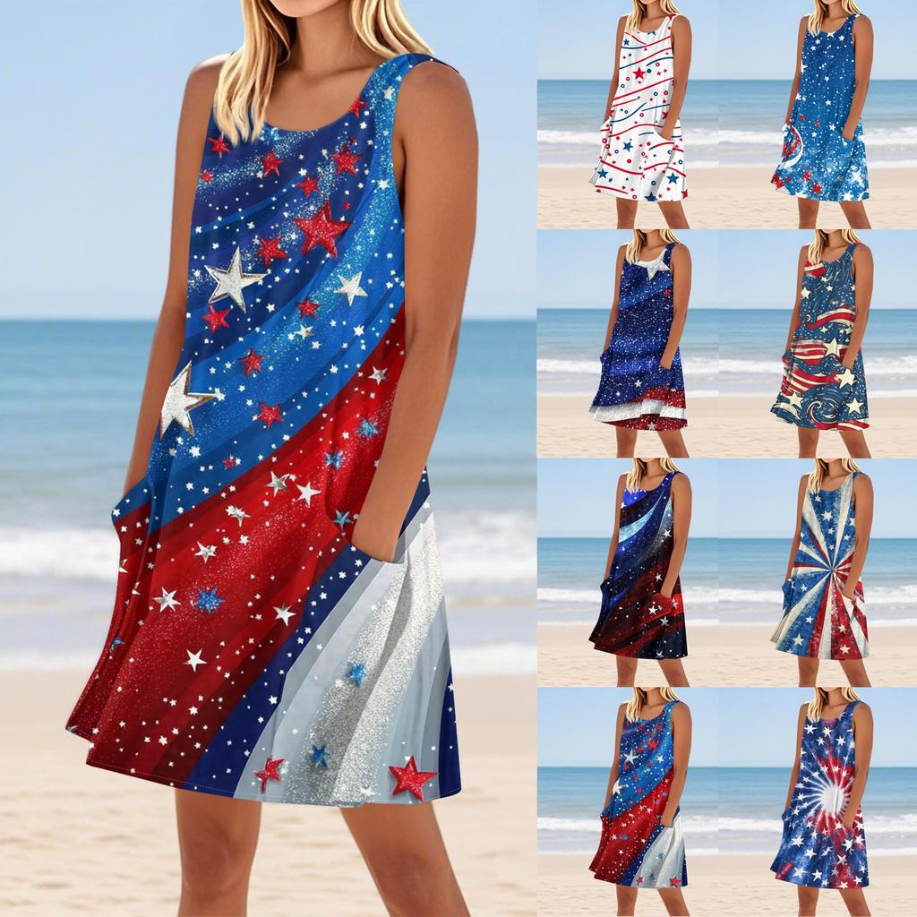 Women's Stylish Casual Independence Day Print Cuffless Pocket Dress