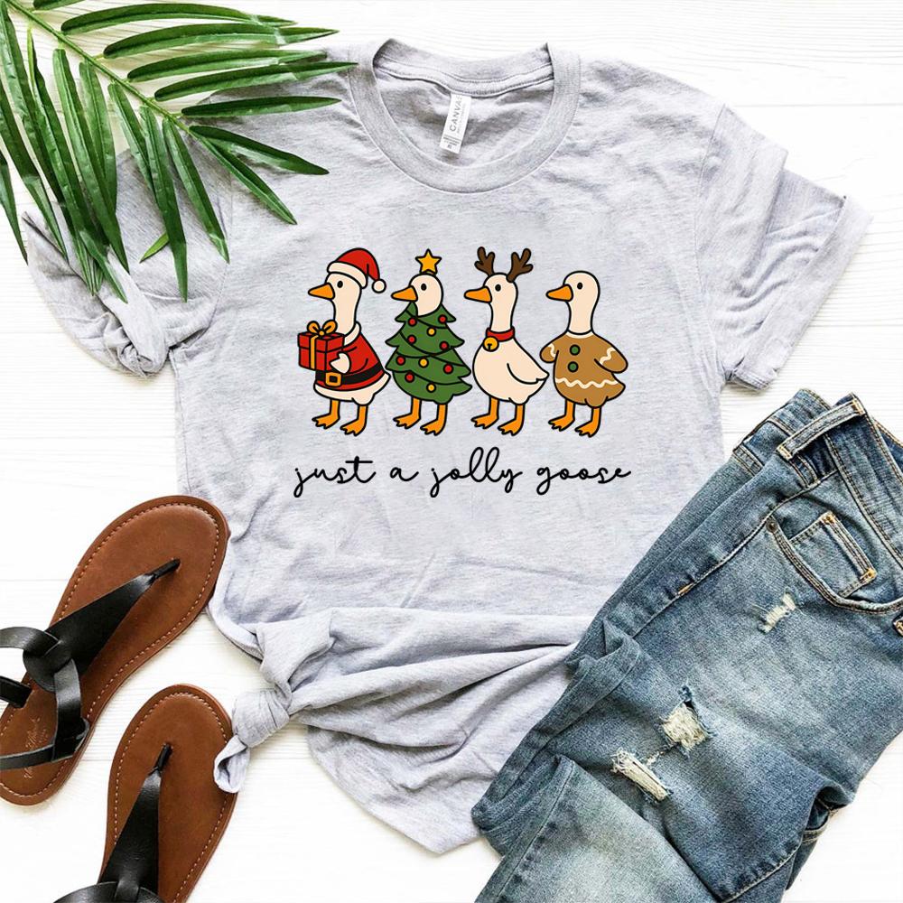 Cute Just A Jolly Goose Tshirt Christmas Goose Shirt Funny Santa Tshirt Gingerbread Goose Graphic Tee Unisex Short Sleeves Tops