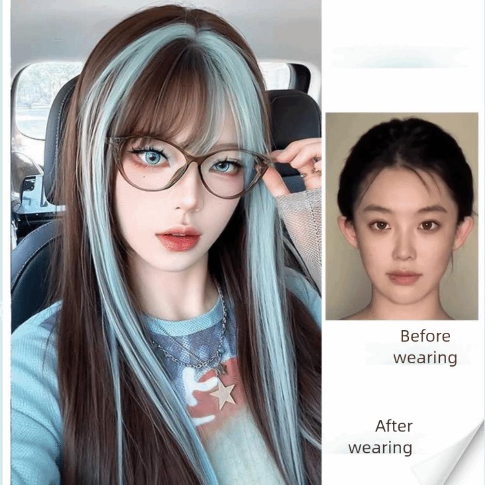Cosplay Ombre Mint Green Brown Hair Fluffy Long Straight Wig with Bangs  Halloween