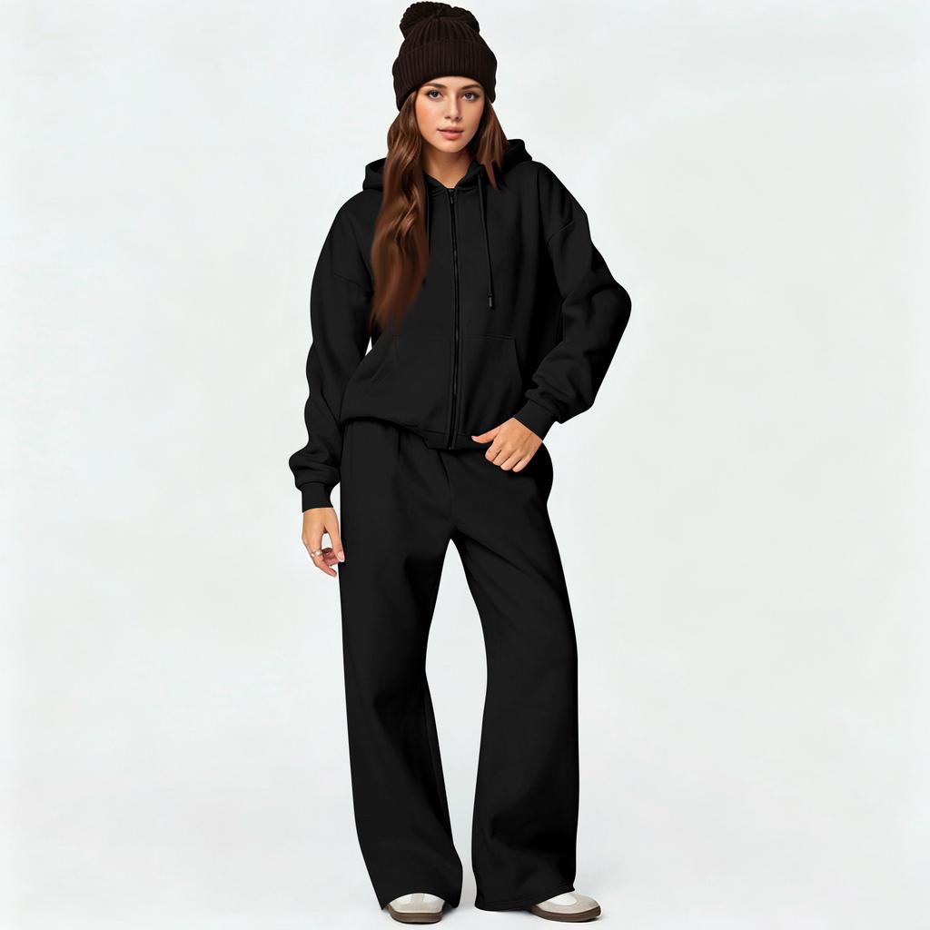 Damen Reißverschluss Hoodie und Weite Hosen 2-teiliges Set, Lockerer Trainingsanzug