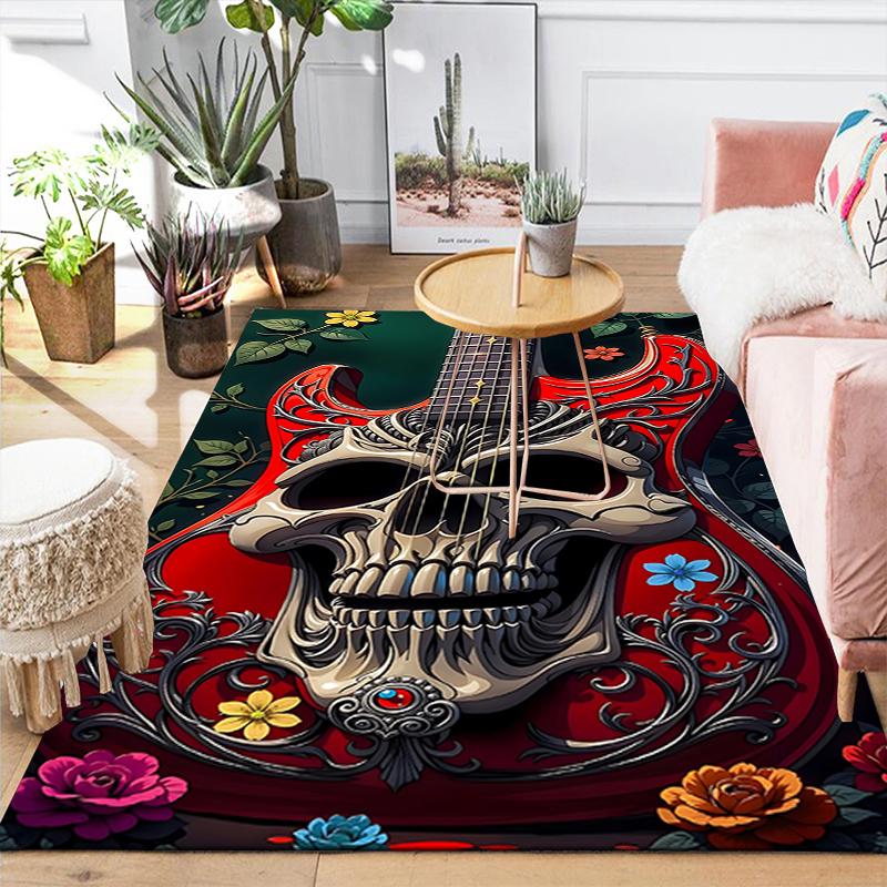 1Pc Skull Guitar Artwork Rug, Office Carpet Indoor Outdoor Doormat, Non-Slip, Comfortable, Living, Christmas Halloween,  Xmas Gift G1181
