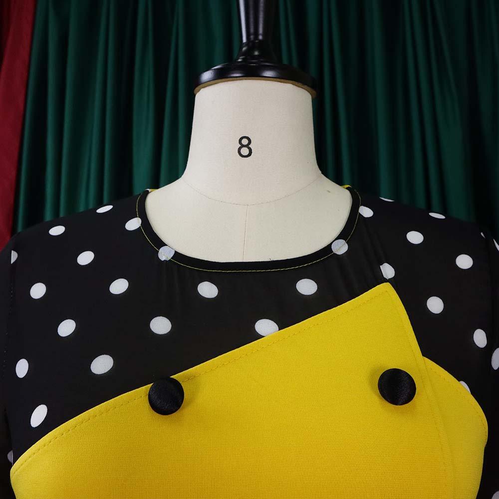 Large Size Women Spring Autumn Fashion Patchwork Polka Dot Dress Ladies One Piece Elegant Round Collar Sheath Dress