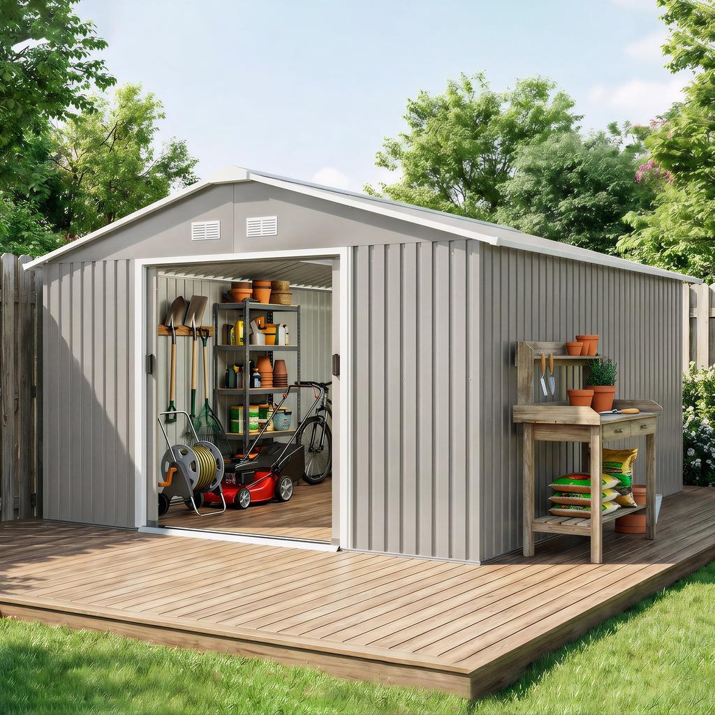 13 x 11 pés Galpão de Armazenamento de Metal para Jardim Galpão de Armazenamento Externo com Kit de Fundação Ventilação e Portas, Cinza Claro