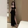 Waist Skirt Dress Split Fork Black Hollow Sexy Skirt Temperament Evening Dress with Chest Pad Suspender Lace Hip Skirt