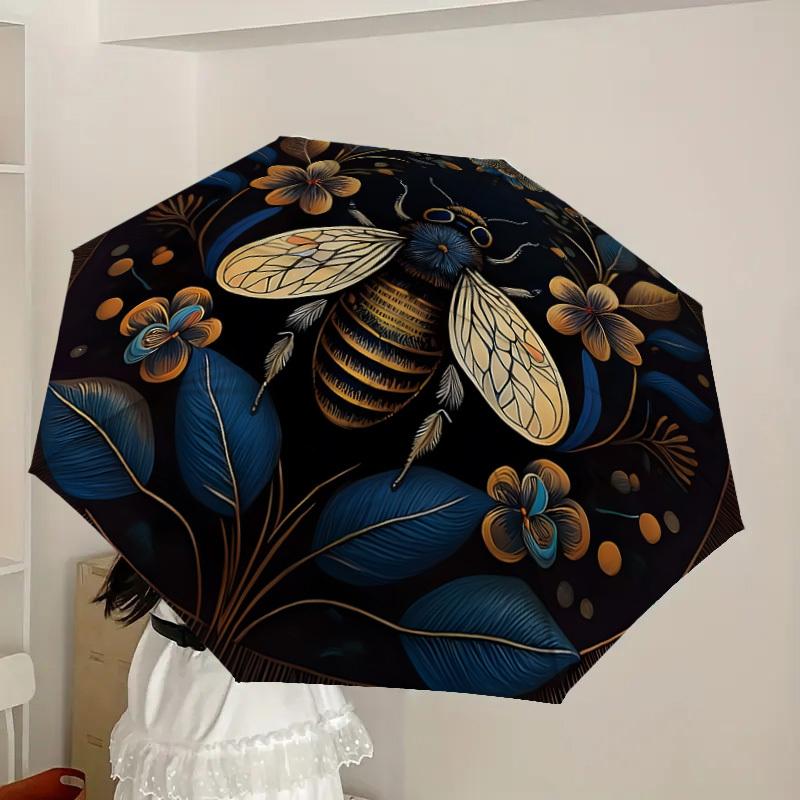 1pc Golden Bee Floral Mandala Umbrella with Plastic Handle,Suitable for All Seasons Home Travel Outdoor UmbrellaDD1306