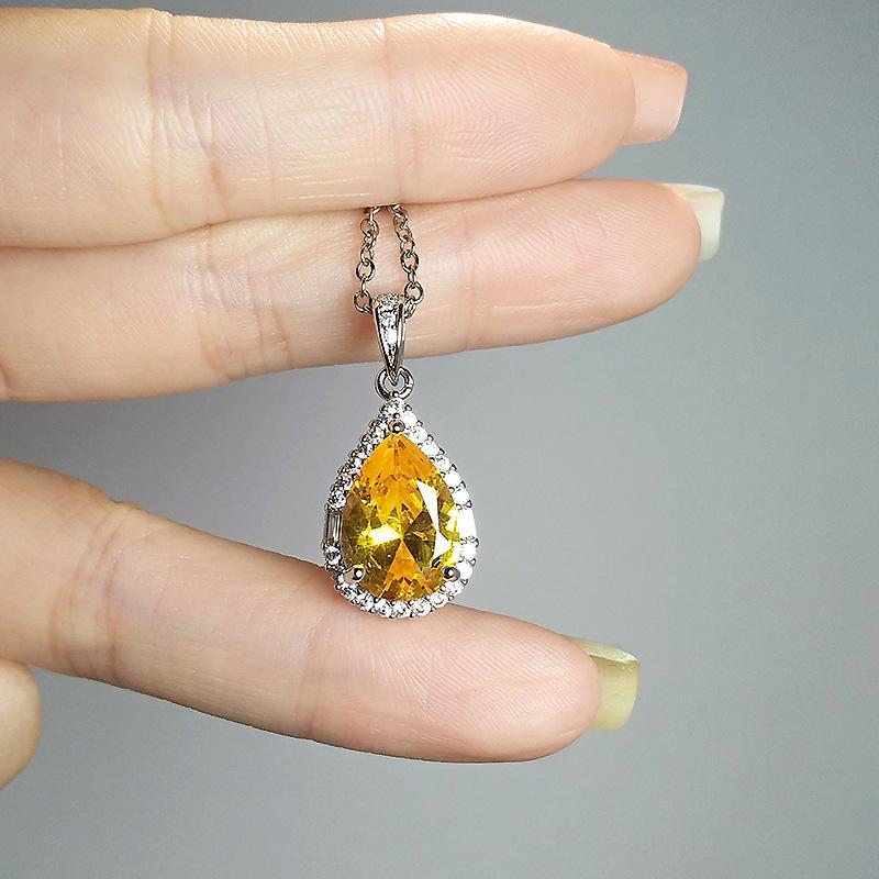 Water Drop-Shaped Aquamarine Pendant Temperament Inlaid With Imitation Emerald Yellow Zirconium White Gold Necklace Women