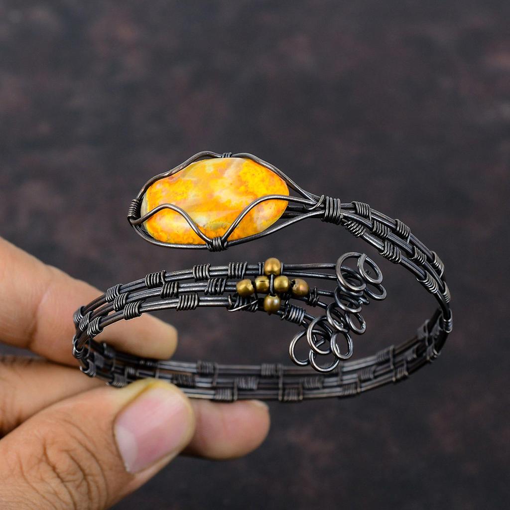 Hummel Jaspis Edelstein Armreif Kupferdraht gewickelt Manschettenarmband Handarbeit Schmuck Verstellbarer Armreif Kupferdraht Wickelschmuck Geschenk für Sie