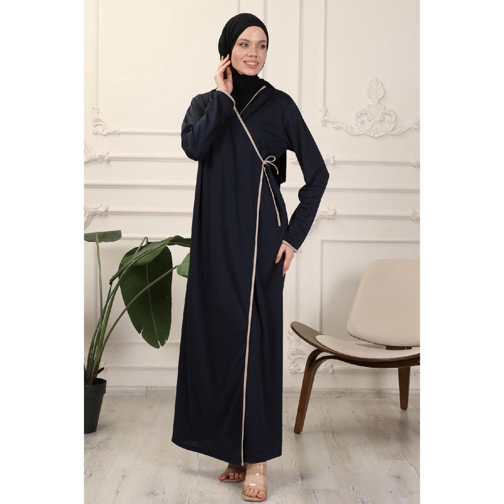 Black Double Breasted Neck Piping Flexible Interlock Fabric Prayer Dress