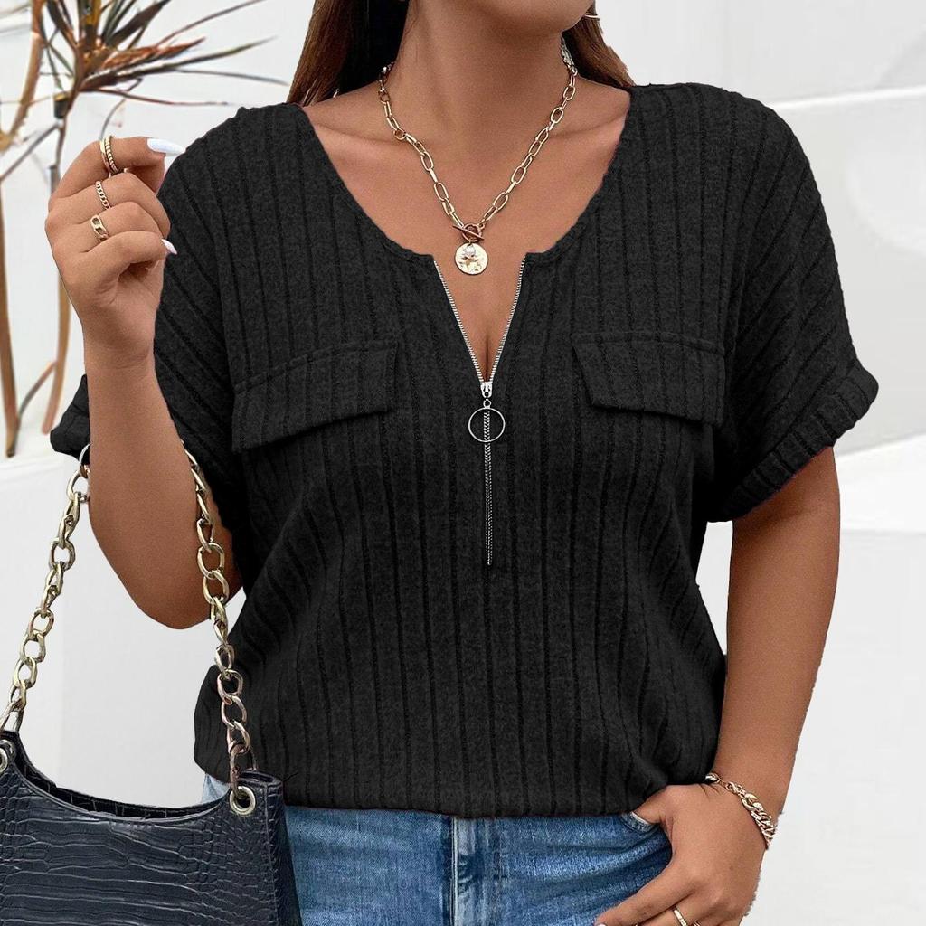 EastRogue Women's Fashion Casual Large Size Solid Color Print Summer Spring Short Sleeve V-Neck Loose Fake Pocket Pullover T-shirt