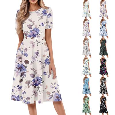 Robe mi-longue décontractée à col rond et manches courtes pour femme, imprimé floral