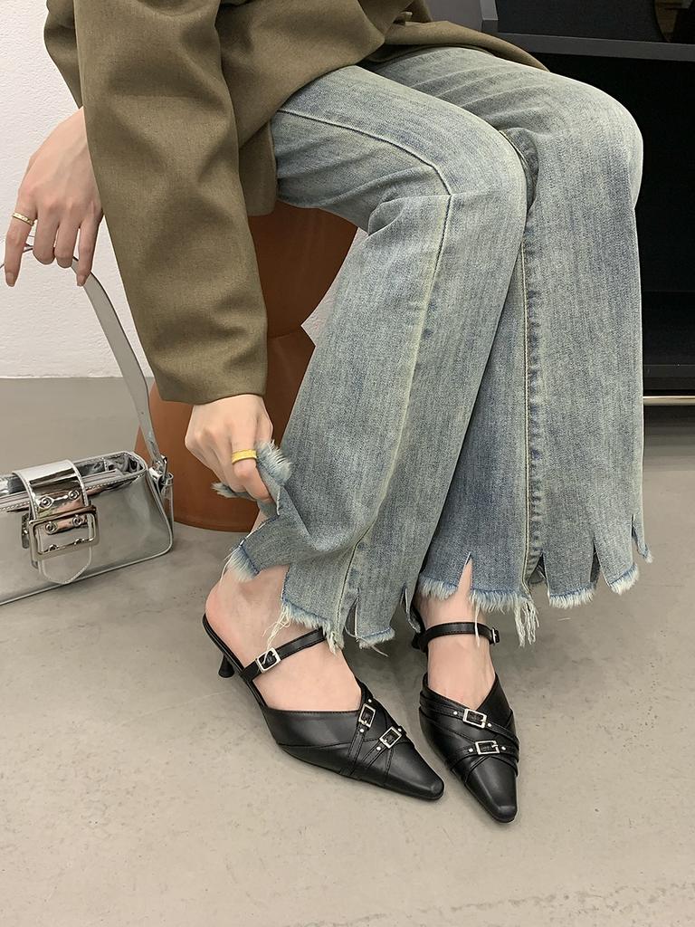 Fashion Black Silver Women Sandals Slides Slippers Summer Outside Party Dress Shoes Woman Thin High Heels Bow Design Slip On Sexy Office