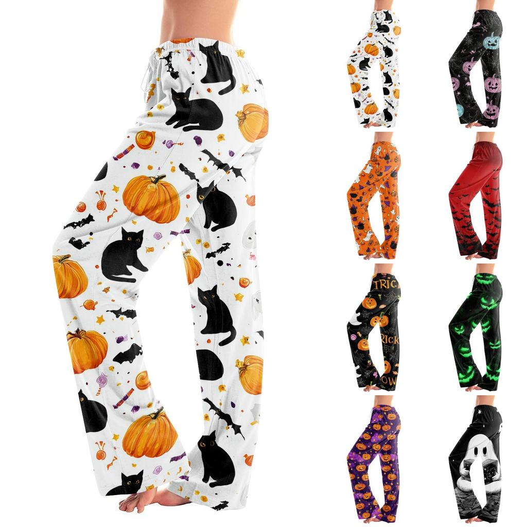 Women's Halloween Print Drawstring Pants, Casual Long Pants for Sleepwear or Daily
