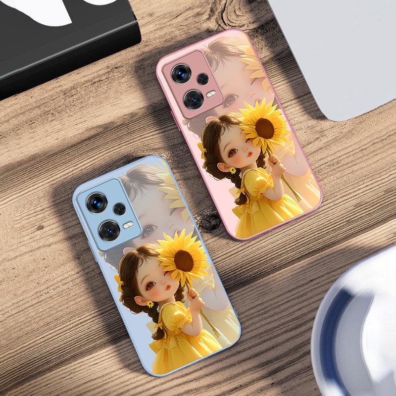 Sunflower Girl Pink For Xiaomi 14 Ultra 13 Lite Redmi Note 13 11 Pro 12 Plus Poco X6 3 Pro F4 6 GT Tempered Glass Phone Case