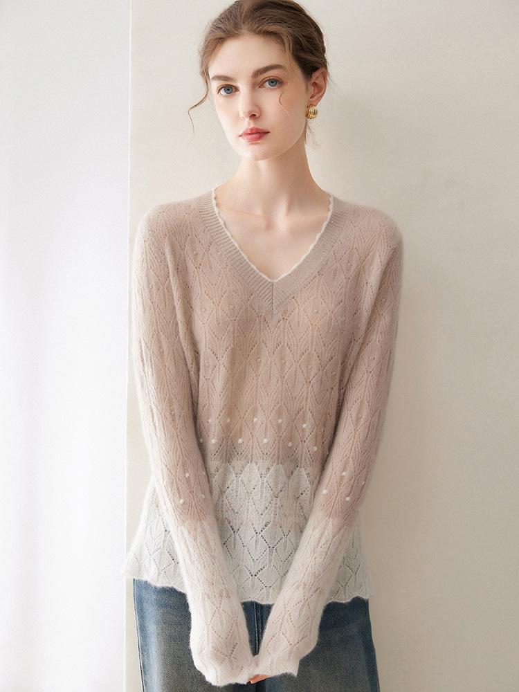Kang Sai Ni 2026 Lurex Sequin Cashmere Lace Sweater - Autumn/Winter 7-Gauge Hollow Out Color Block Knitwear