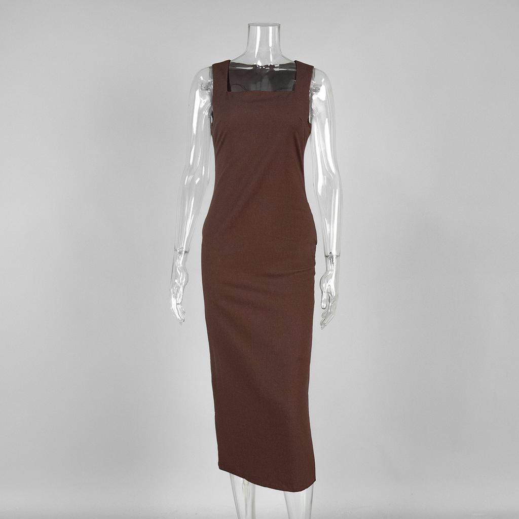 Simple solid color square neck suspender dress European and American summer new slim cotton and linen long dress